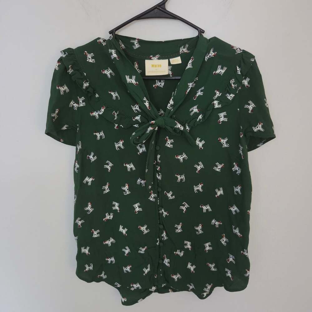 Maeve by Anthropologie Green Dog Print Short Sleeve Tie Neck Blouse size small
